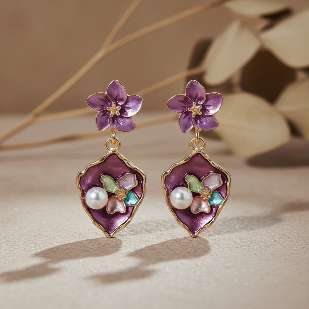 Flora Bloom Purple Enamel Pearl Earrings GWE -180