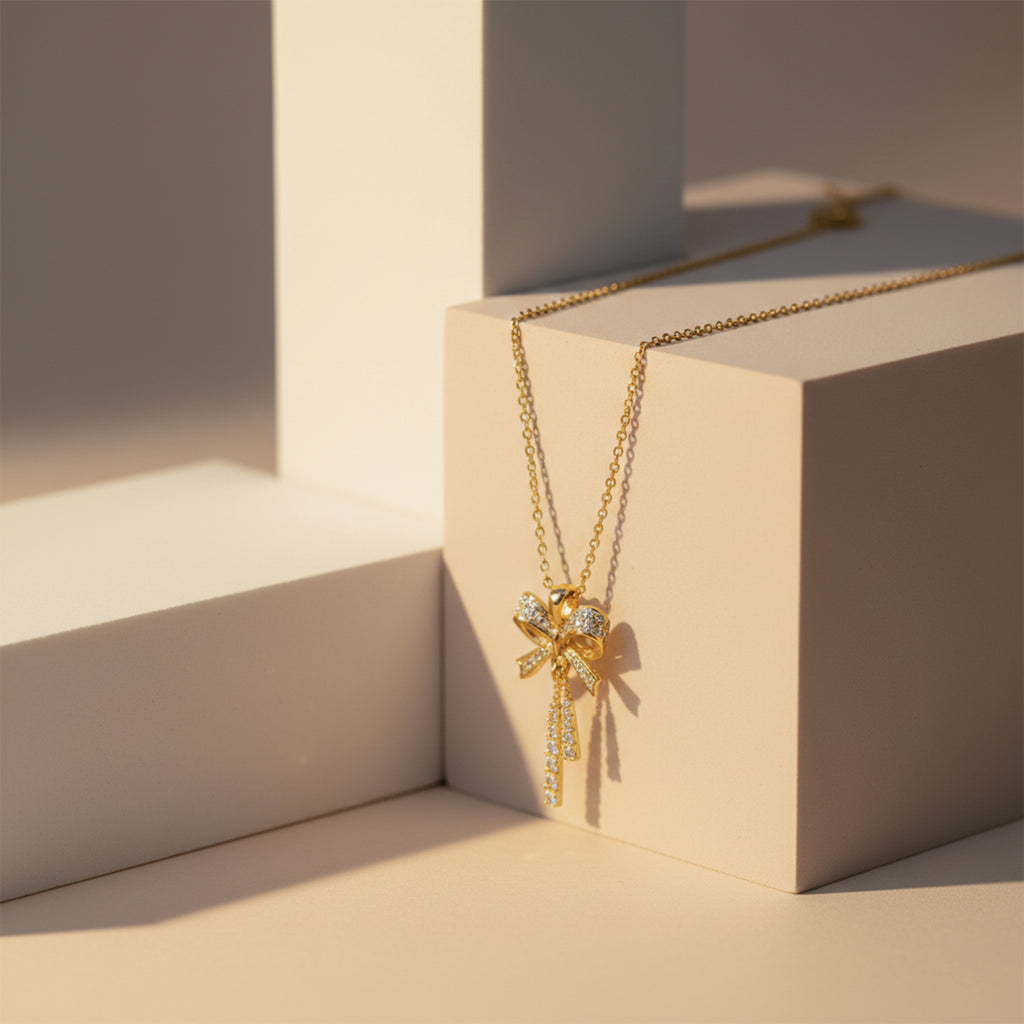 Modern Crystal Ribbon Bow Tassel Necklace GWN -91