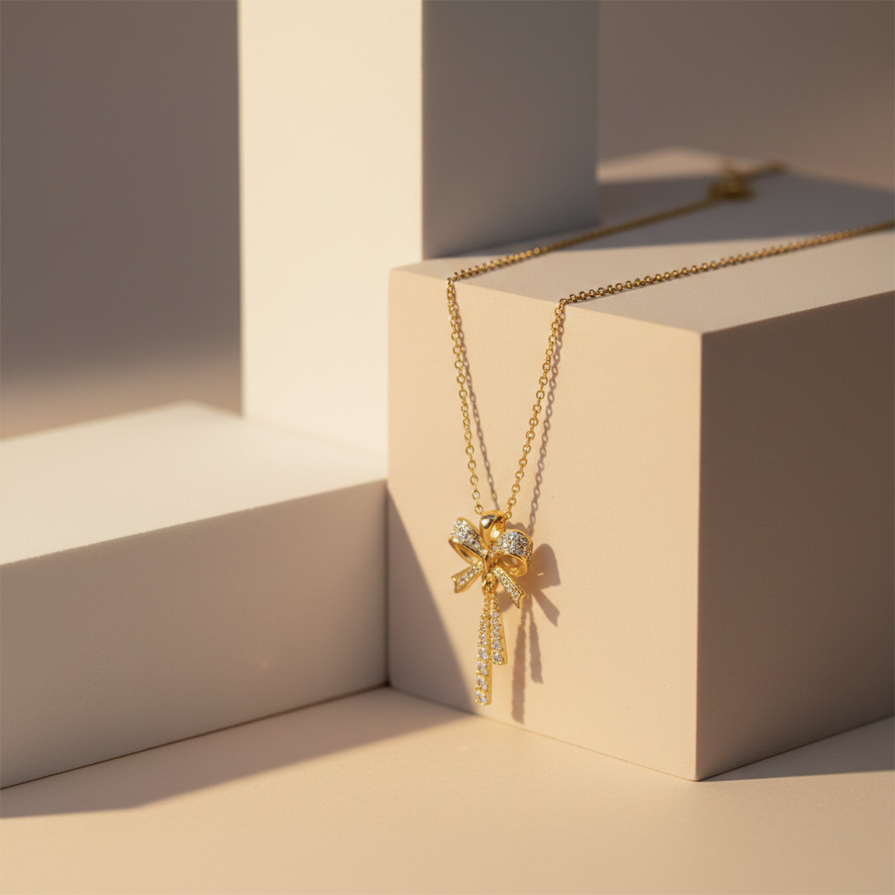 Modern Crystal Ribbon Bow Tassel Necklace GWN -91
