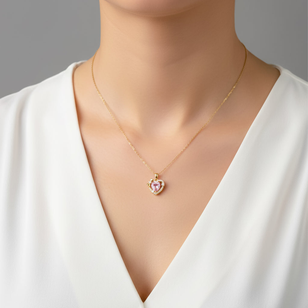 Classic Pink Heart Halo Bow Necklace GWN -79