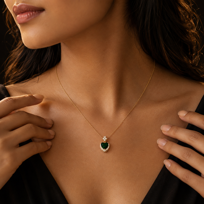 Modern Emerald Heart Halo Pendant Necklace GWN -163