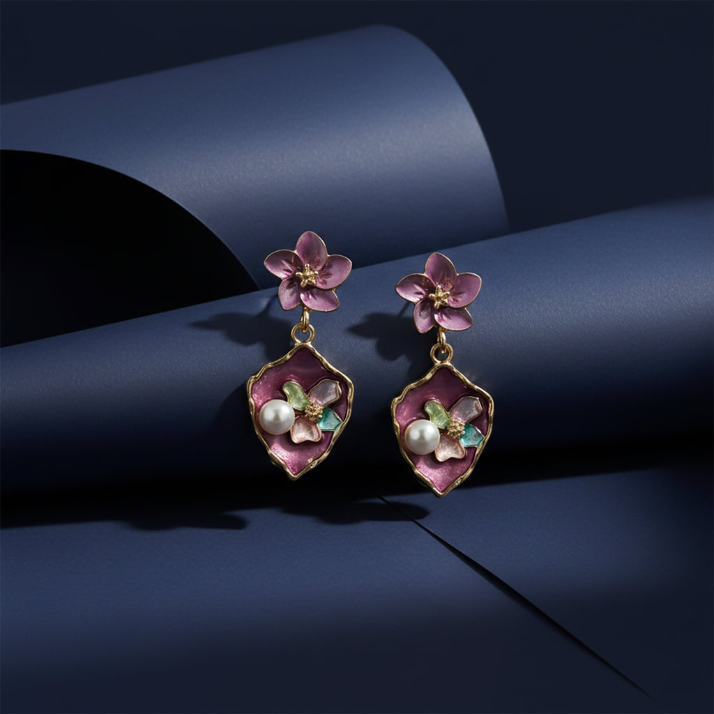 Flora Bloom Purple Enamel Pearl Earrings GWE -180