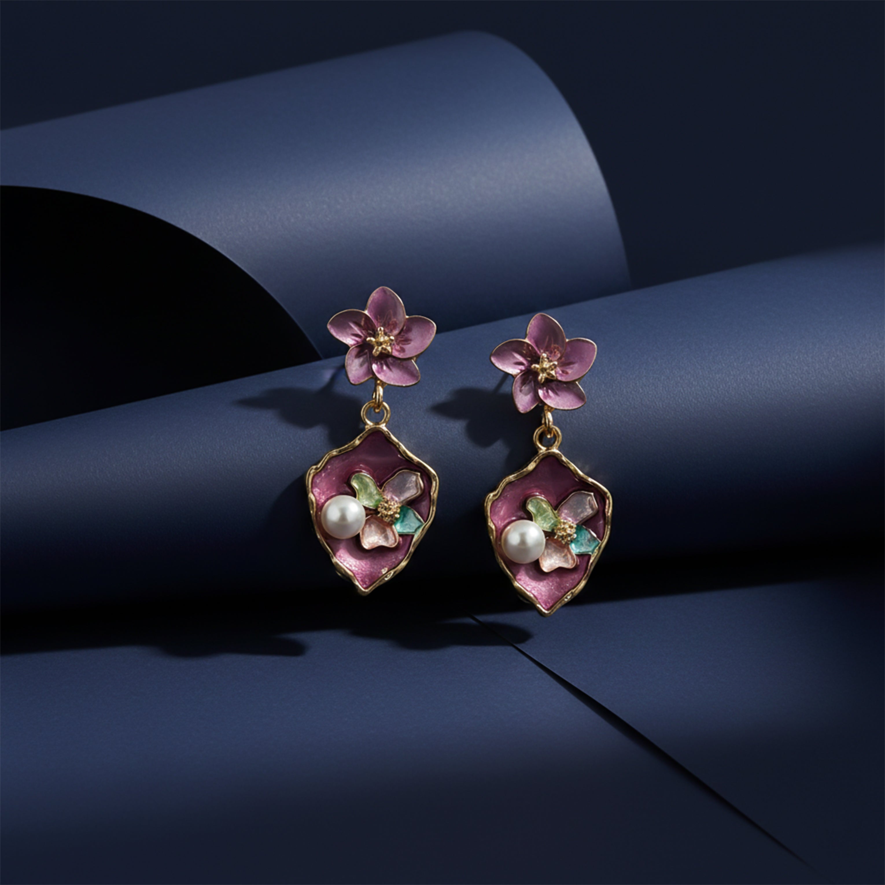 Flora Bloom Purple Enamel Pearl Earrings GWE -180
