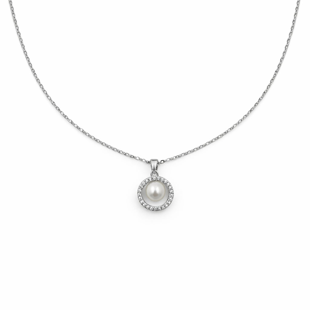 Silver Pearl Halo Pendant Necklace GWN -58