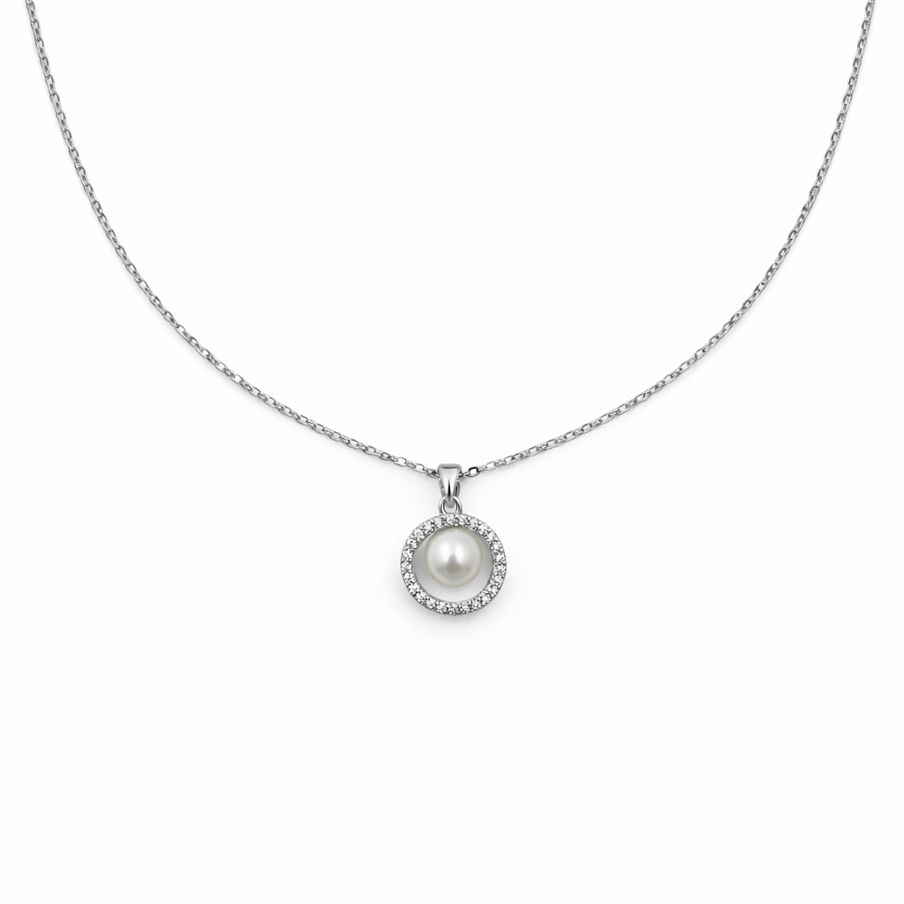 Silver Pearl Halo Pendant Necklace GWN -58