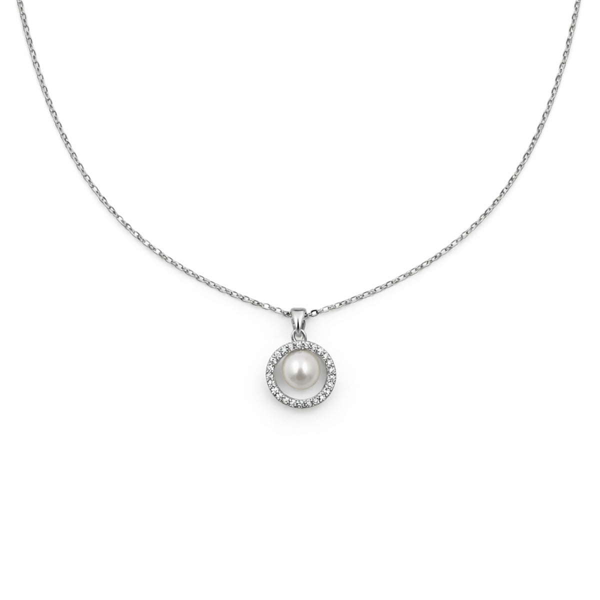 Silver Pearl Halo Pendant Necklace GWN -58