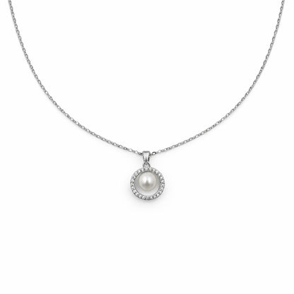 Silver Pearl Halo Pendant Necklace GWN -58