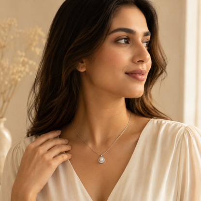 Silver Pearl Halo Pendant Necklace GWN -58