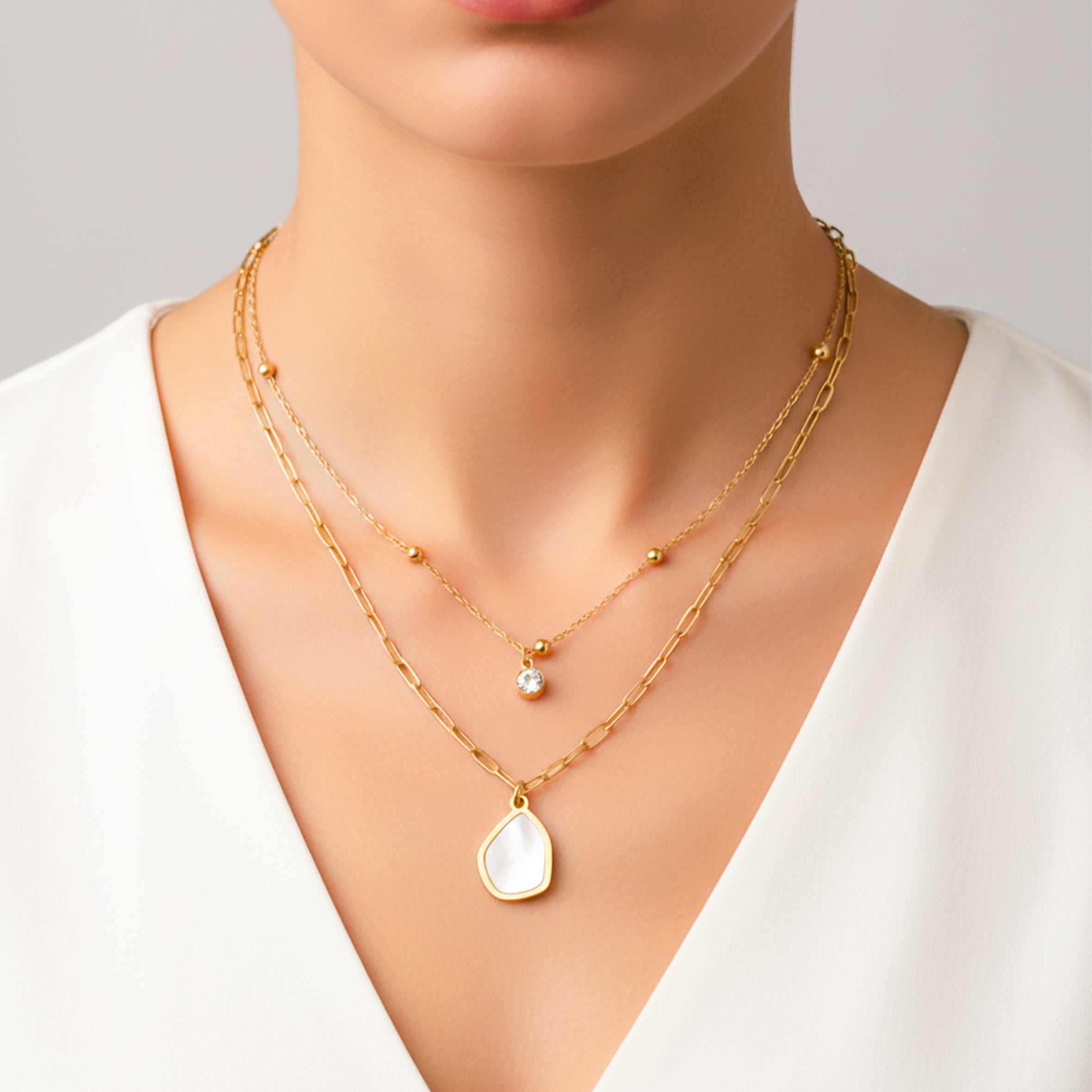 Modern Organic Shell Paperclip Layered Necklace GWN -131