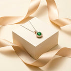 Modern Emerald Green Halo Solitaire Necklace GWN -161
