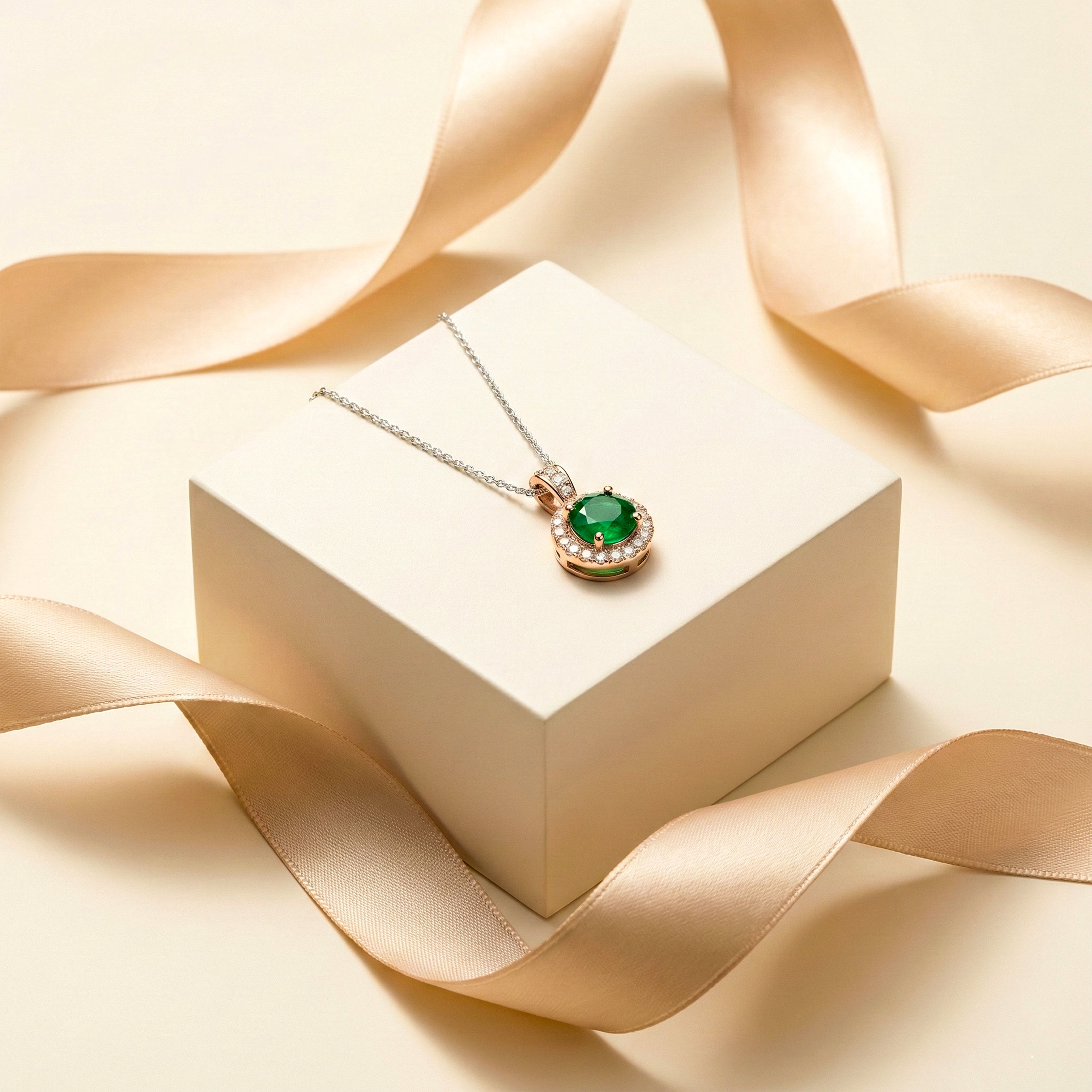 Modern Emerald Green Halo Solitaire Necklace GWN -161