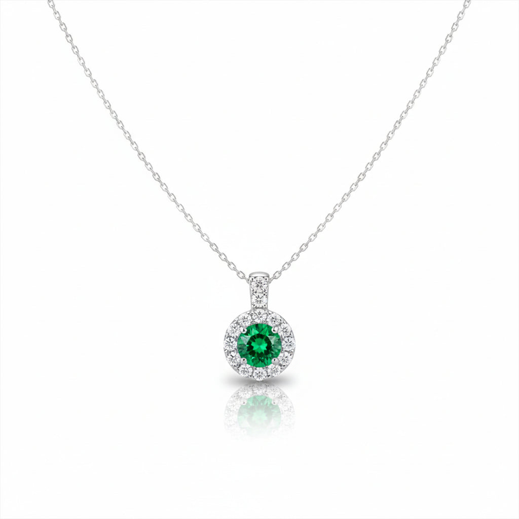 Modern Emerald Green Halo Solitaire Necklace GWN -161