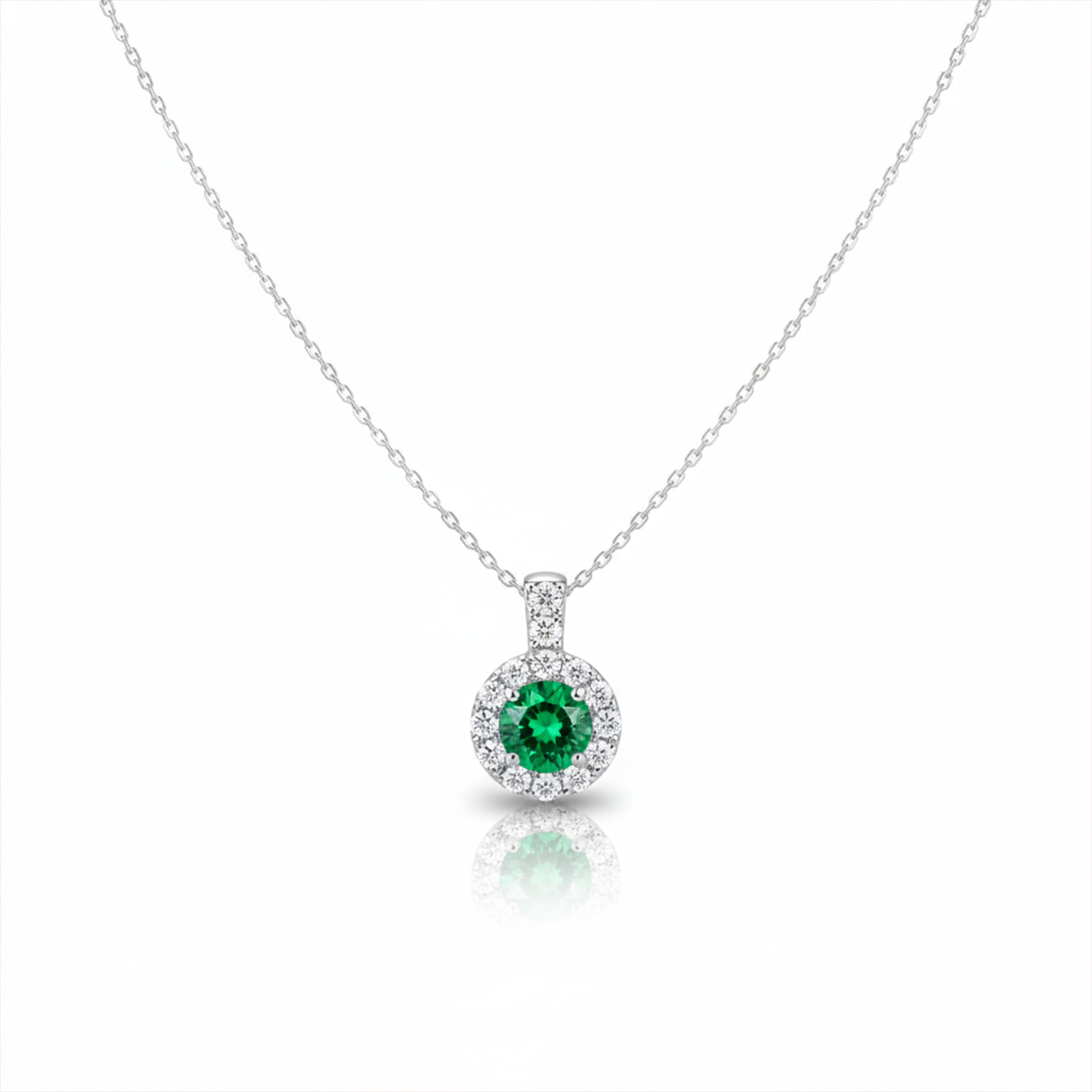Modern Emerald Green Halo Solitaire Necklace GWN -161