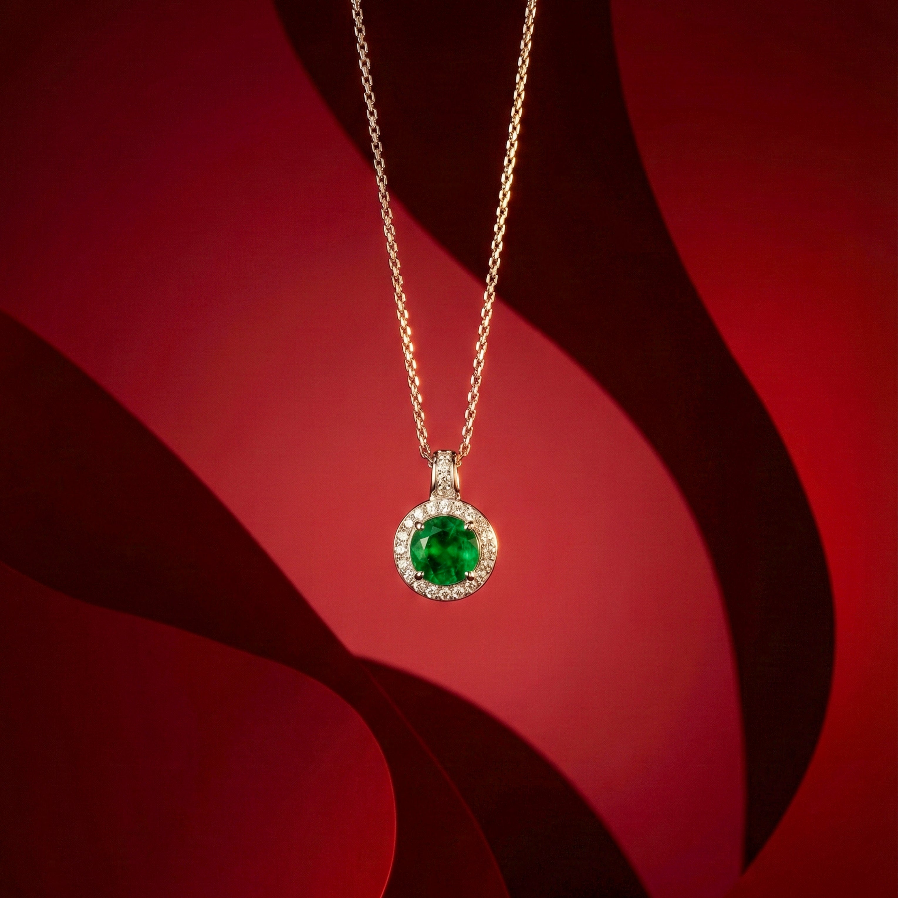 Modern Emerald Green Halo Solitaire Necklace GWN -161