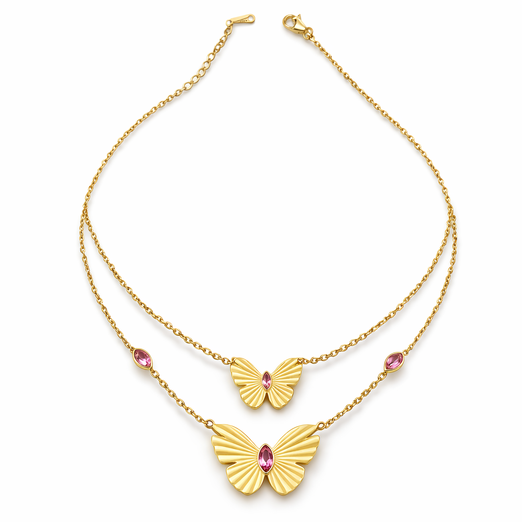 Modern Fluted Butterfly Dual Layer Necklace GWN -113