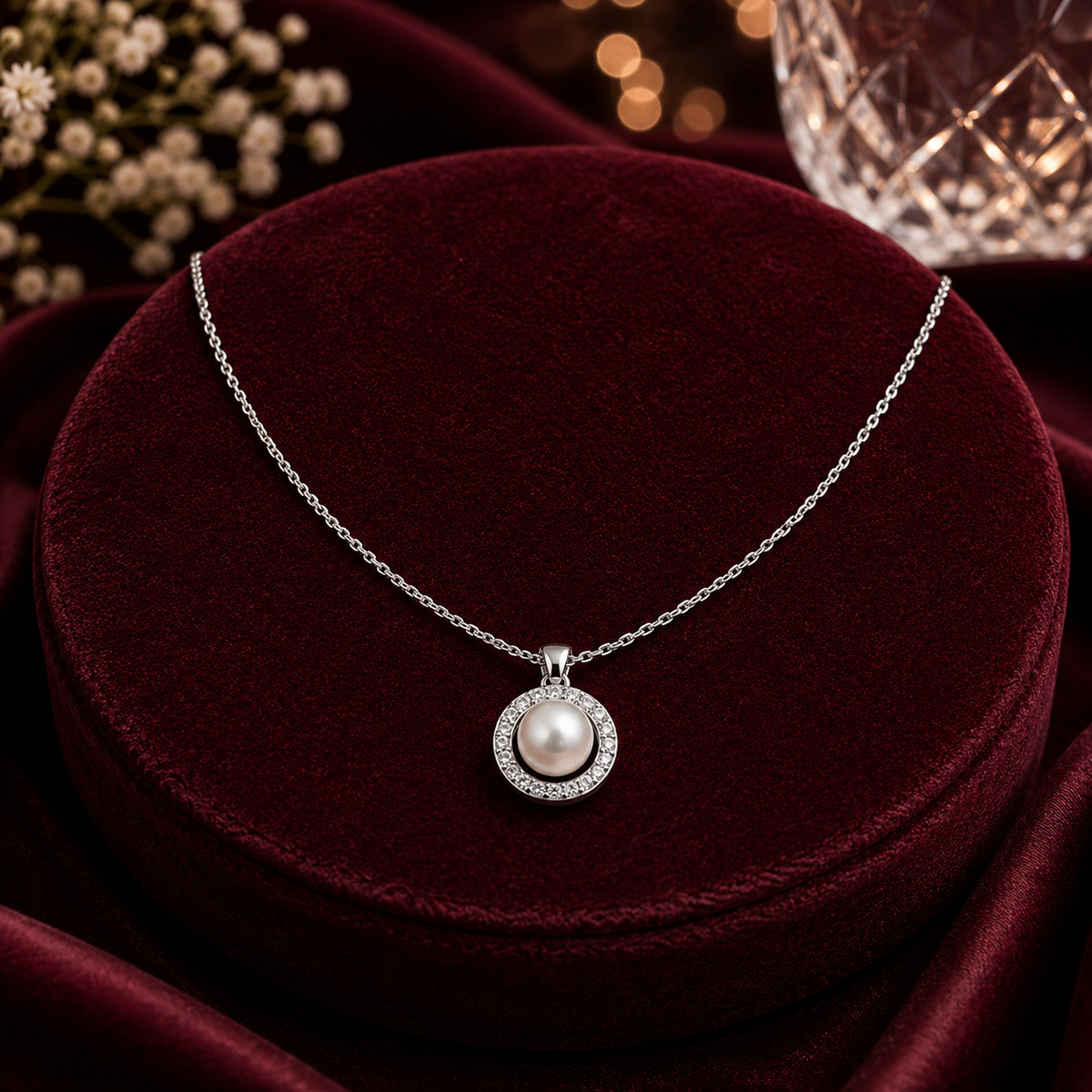 Silver Pearl Halo Pendant Necklace GWN -58