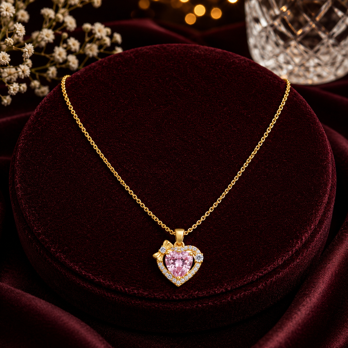 Classic Pink Heart Halo Bow Necklace GWN -79