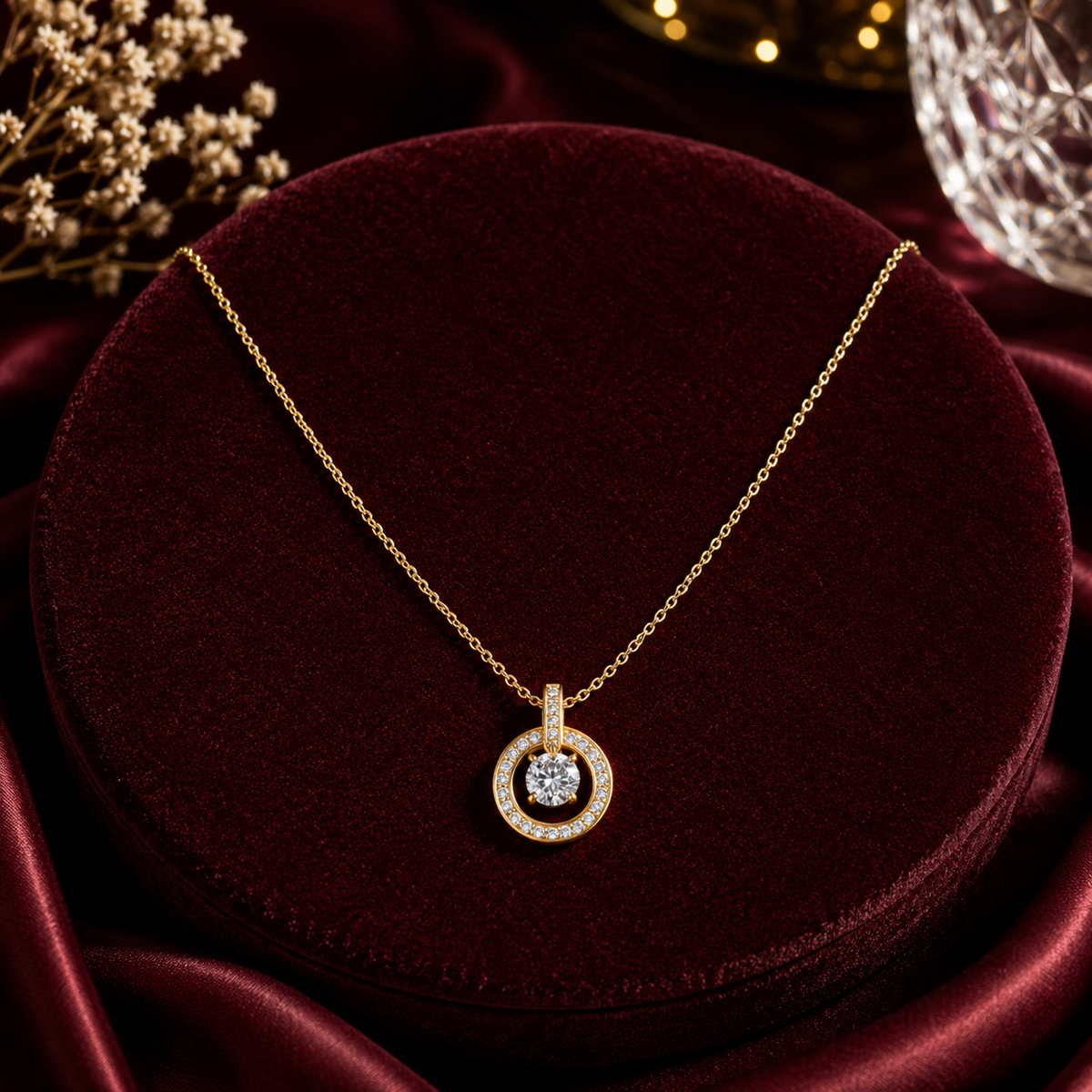 Modern Circular Solitaire Halo Necklace GWN -139