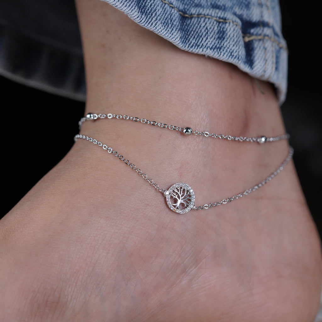 Tree of Life Halo Dual Layer Silver Anklet GWA-14
