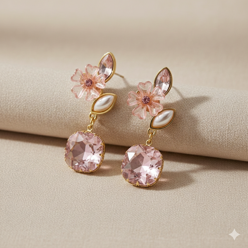 Flora Shine Pink Blossom Drop Earrings GWE -235