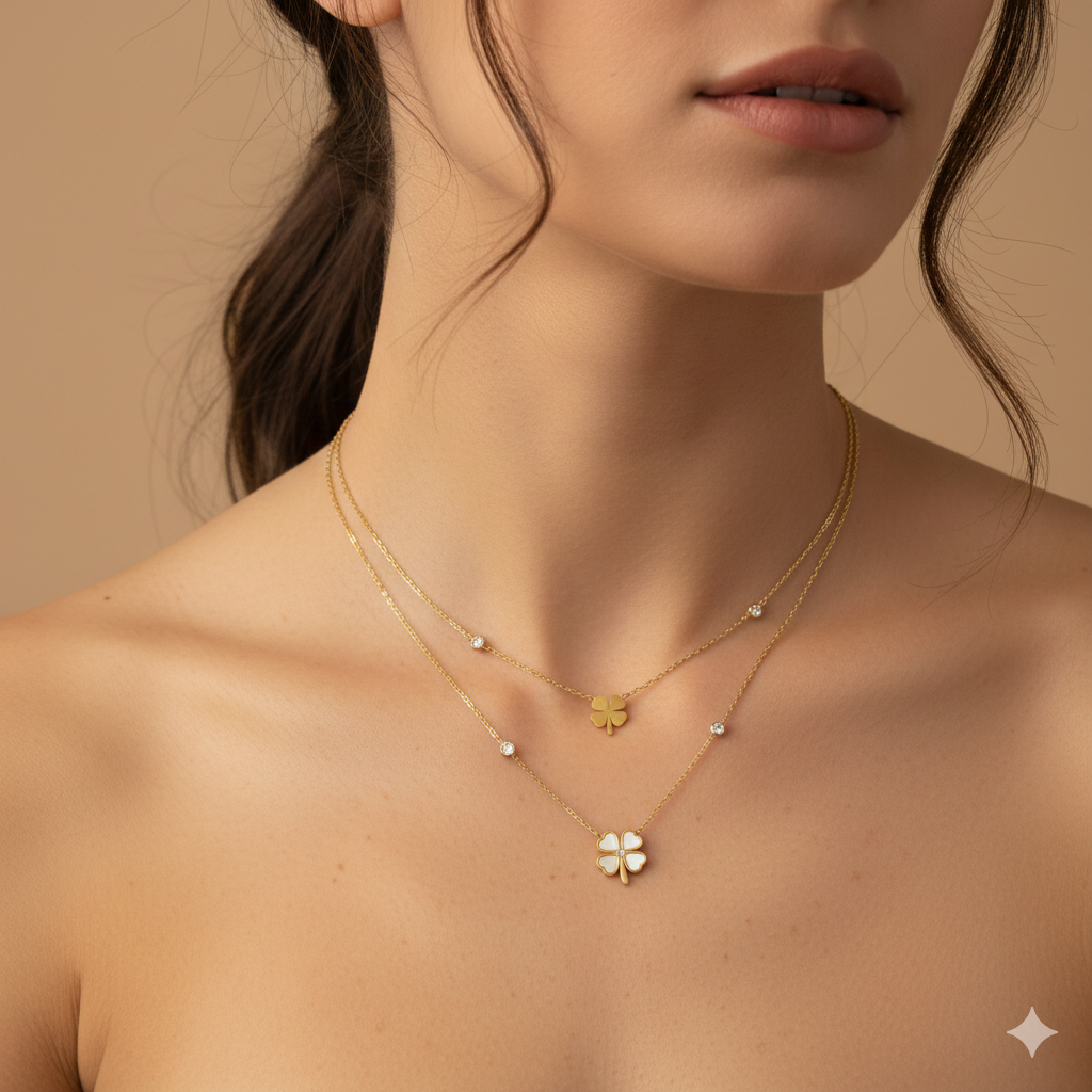 Modern Four-Leaf Clover Dual Layer Necklace GWN -127
