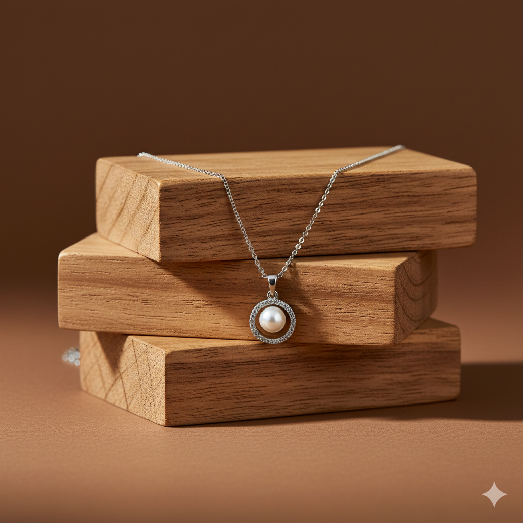 Silver Pearl Halo Pendant Necklace GWN -58