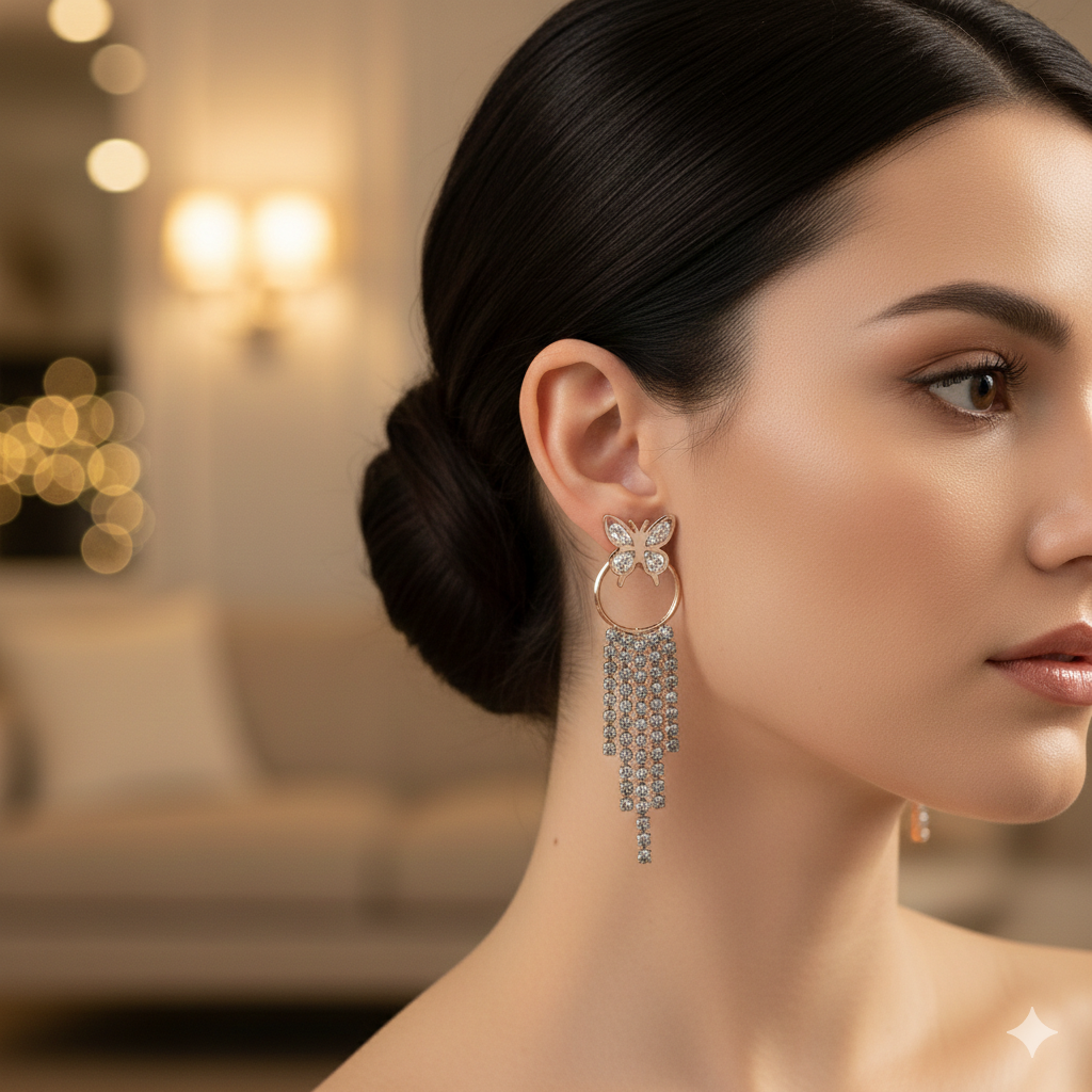 Butterfly Crystal Tassel Earrings GWE -36