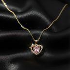Classic Pink Heart Halo Bow Necklace GWN -79