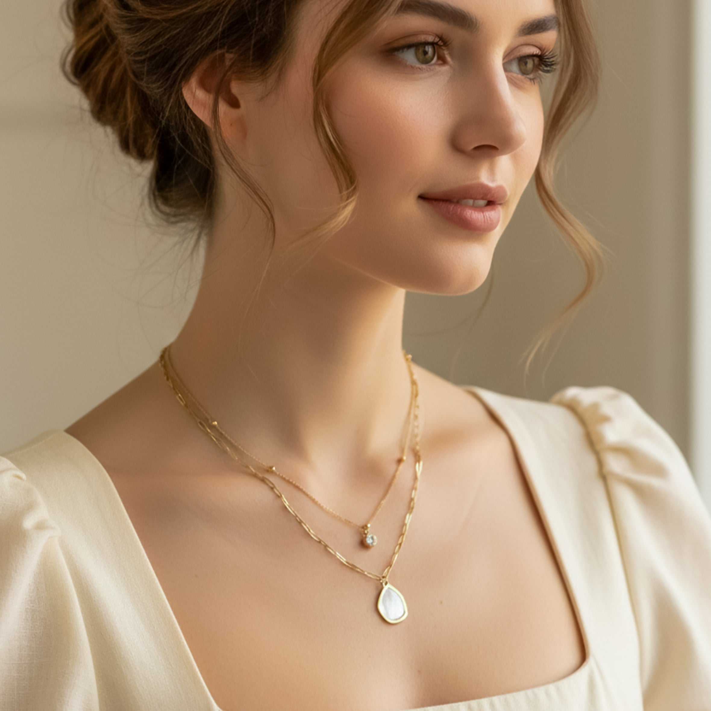 Modern Organic Shell Paperclip Layered Necklace GWN -131