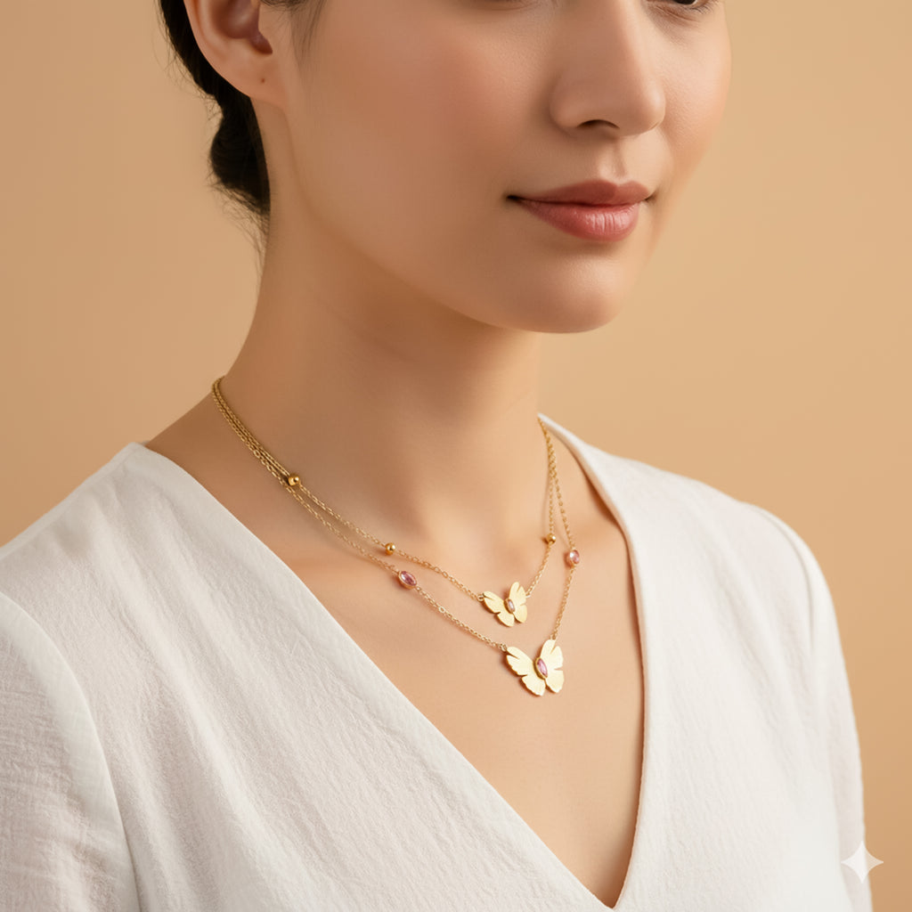Modern Fluted Butterfly Dual Layer Necklace GWN -113